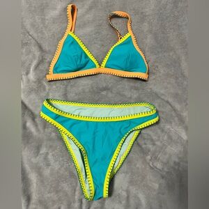 Cupshe Teal Bikini with Neon Yellow and Orange Trim